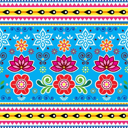 Illustration for Pakistani and Indian seamless vector pattern with lotus flowers, jingle truck art design in blue, red, pink and yellow - Royalty Free Image