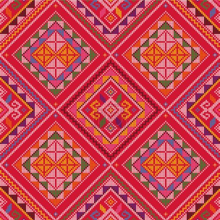 Illustration for Yakan cloth inspired vector seamless pattern, traditional folk art textile or fabric print design from Philippines with various colors and geometric shapes - Royalty Free Image