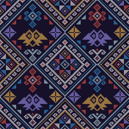 Ilustración de Filipino folk art - Yakan cloth inspired vector seamless pattern, traditional textile or fabric print design from Philippines - Imagen libre de derechos