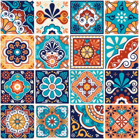 Téléchargez les illustrations : Mexican talavera tiles big collection, decorative seamless vector pattern set with flowers, leaves ans swirls in turquoise green and orange - en licence libre de droit