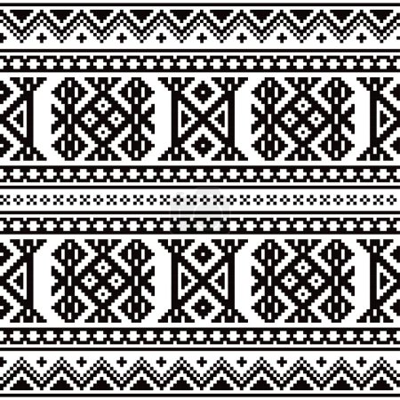 Illustration for Sami folk art vector seamless pattern, retro design styled as traditional cross-stitch ornament from Lapland in black and white - Royalty Free Image