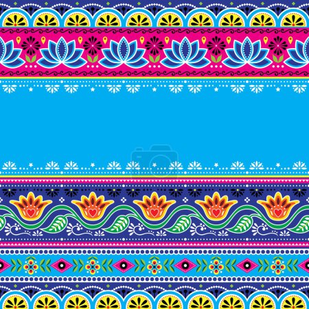 Illustration for Pakistani and Indian seamless template vector pattern with space for text, flowers and geometric shapes, Diwali festive textile or wallpaper decor - Royalty Free Image