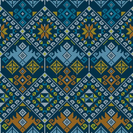 Ilustración de Yakan weaving inspired vector seamless geometric pattern - Filipino traditonal wallpaper, textile or fabric print design in navy blue, orange and yellow - Imagen libre de derechos