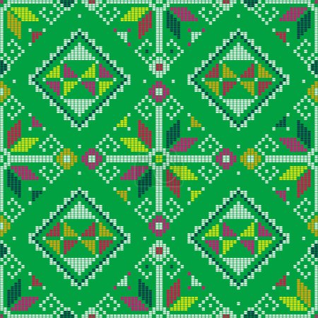 Ilustración de Filipino traditonal embroidery style inspired vector seamless pattern - Yakan cloth geometric textile or fabric print design from Philippines in green - Imagen libre de derechos