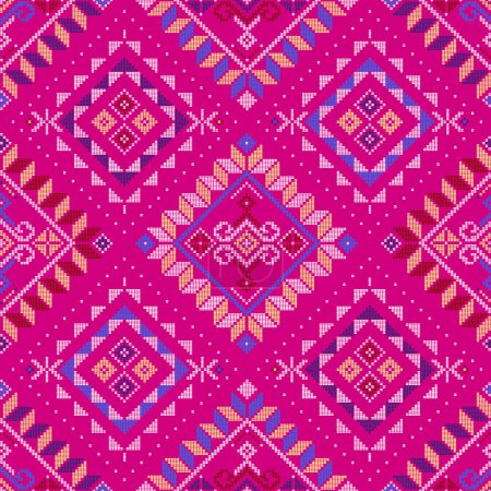 Ilustración de Yakan weaving inspired vector seamless pattern - Filipino folk art background perfect for textile or fabric print design on pink background - Imagen libre de derechos