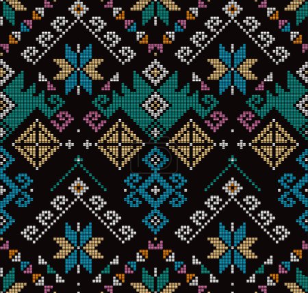 Illustration for Yakan weaving inspired vector seamless pattern - Filipino traditonal geometric textile or fabric print design on black background - Royalty Free Image
