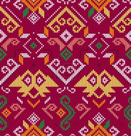 Ilustración de Filipino unique folk art - Yakan cloth inspired vector seamless pattern, retro textile or fabric print design from Philippines on red background - Imagen libre de derechos