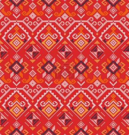 Téléchargez les illustrations : Filipino folk art Yakan weaving inspired vector seamless pattern on red background - geometric design perfect for textile or fabric print - en licence libre de droit