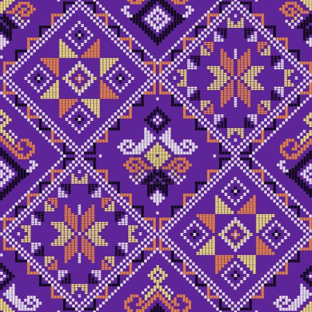 Ilustración de Filipino traditional Yakan tapestry inspired vector seamless pattern - geometric ornament perfect for textile or fabric print design on purple background - Imagen libre de derechos