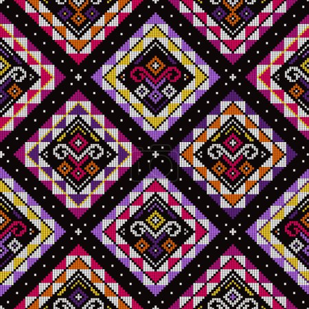 Ilustración de Filipino folk art Yakan weaving inspired vector seamless pattern with geometric motif on black for textile or fabric print design - Imagen libre de derechos