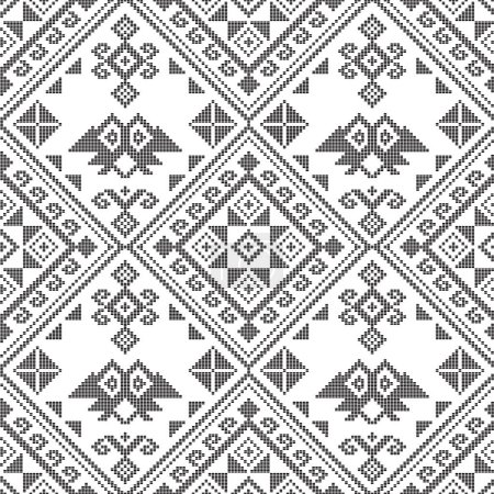 Illustration for Filipino folk art - Yakan cloth inspired vector seamless pattern, traditional textile or fabric print design from Philippines in black and white - Royalty Free Image