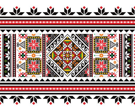 Illustration for Ukrainian Easter eggs Pysanky vector seamless folk art long horizontal pattern - Hutsul traditional geometric design in red, black and white - Royalty Free Image