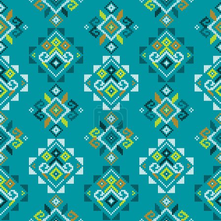 Ilustración de Arte popular filipino Yakan ondeando tela inspirada vector patrón textil sin costura en turquesa verde geométrico textil o tela de diseño de impresión de Filipinas - Imagen libre de derechos