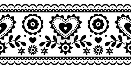 Illustration for Floral folk art vector seamless embroidery long horizontal pattern inspired by traditional designs Lachy Sadeckie from Poland - textile or fabric print ornament in black and white - Royalty Free Image