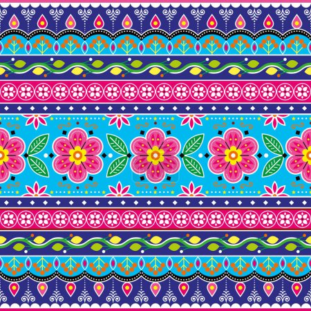 Illustration for Indian and Pakistani truck art repetitive design, Jingle trucks seamless vector pattern, colorful floral decoration on blue background - Royalty Free Image