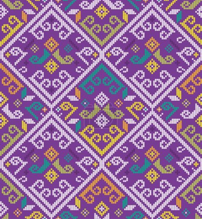 Ilustración de Tapiz filipino arte popular tela Yakan inspirado vector patrón sin costura, retro textil o tela de diseño de impresión de Filipinas sobre fondo púrpura - Imagen libre de derechos