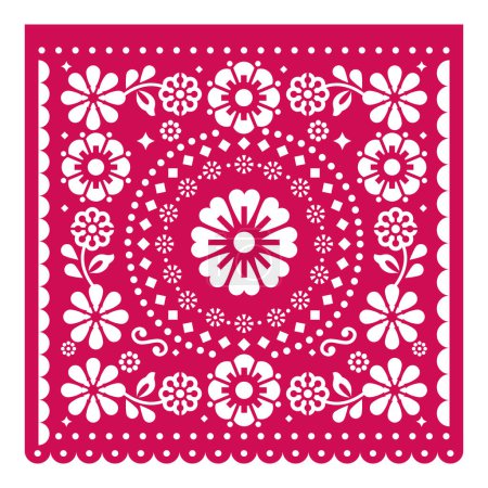 Papel Picado vector square design wit flowers, Mexican cutout paper garland decoration in pink on white background  