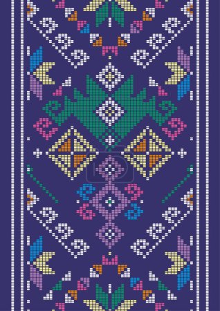 Ilustración de Yakan tela inspirada vector patrón sin costuras, diseño largo arte folclórico vertical textil o tela de Filipinas con formas geométricas sobre fondo púrpura - Imagen libre de derechos