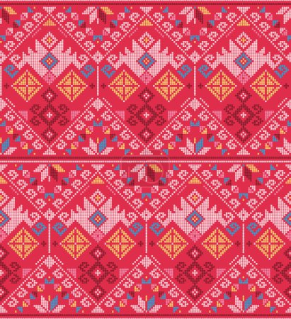 Ilustración de Arte tradicional filipino: patrón inconsútil de vector inspirado en tela yakan, diseño retro textil o estampado de tela de Filipinas sobre fondo rojo - Imagen libre de derechos