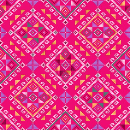 Ilustración de Yakan arte popular tejido inspirado vector patrón geométrico sin costuras - Filipino inspirado textil o tela sobre fondo rosa - Imagen libre de derechos