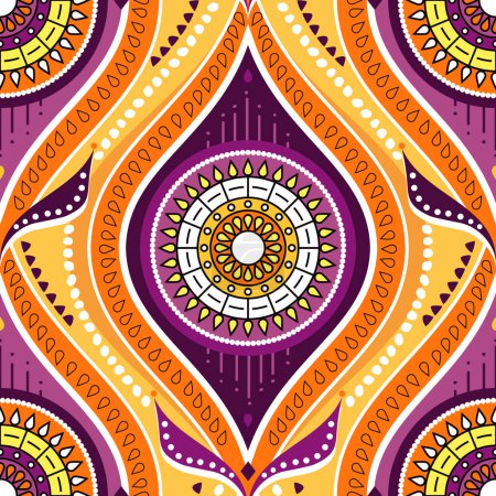 Illustration for African wax or Ankara vector seamless pattern, Batic textile design with floral mandalas - traditional ornament from Kenya, West and Central Africa - Royalty Free Image