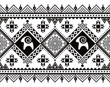 Illustration for Easter eggs design from Ukraine vector seamless long horizontal pattern with goats and stars, Easter eggs repetitive design Hutsul Pisanky in black and white - Royalty Free Image