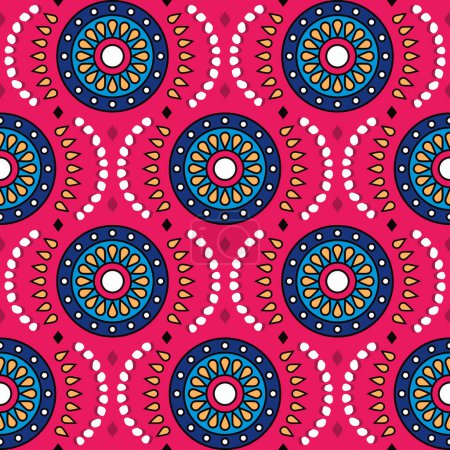Illustration for Ankara style or African wax or vector seamless pattern with flowers, Africal folk art Batik textile fabric print design - Royalty Free Image