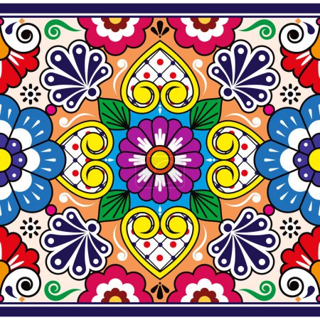 Illustration for Mexican Talavera pottery or ceramics style vector seamless pattern, textile or fabric print decorative background inspired by traditional designs from Mexico - Royalty Free Image