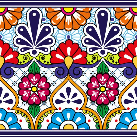 Illustration for Mexican Talavera pottery or ceramics inspired vector seamless pattern with flowers and leaves - folk art from Mexico - Royalty Free Image