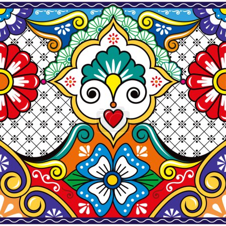 Illustration for Pottery or ceramics style from Mexico vector seamless pattern, Talavera design with vibrant flowers, swirls and leaves - Royalty Free Image