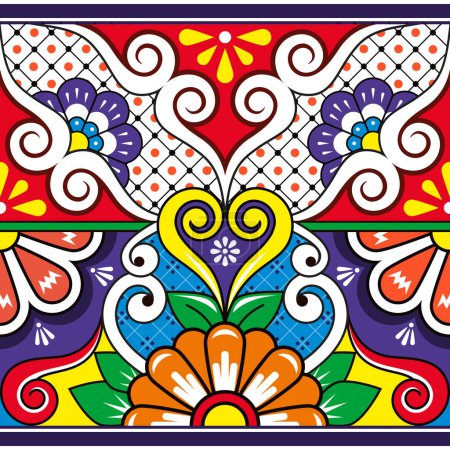 Illustration for Mexican vector seamless pattern, traditional Talavera pottery or ceramics style from Mexico textile or fabric print design - Royalty Free Image