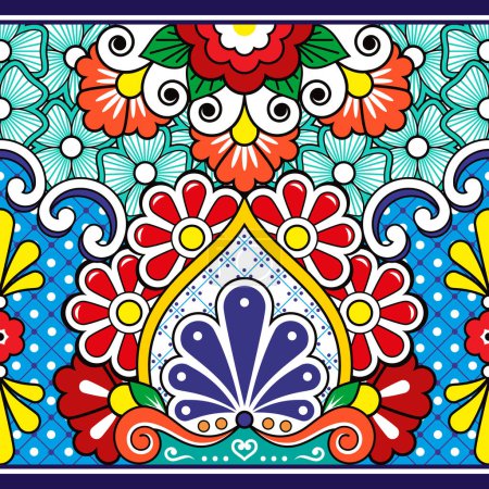 Illustration for Mexcian Talavera seamless vector pattern - decorative floral pottery or ceramics style - wallpaper, textile or fabric print - Royalty Free Image