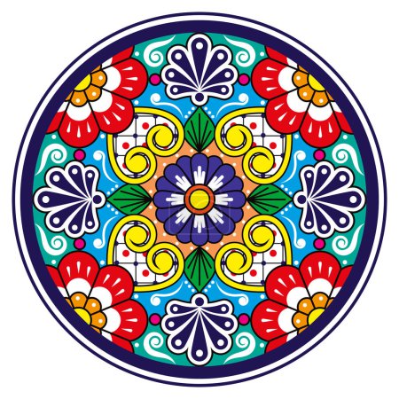 Illustration for Mexican Talavera pottery or ceramics style vector plate design, round decorative background inspired by traditional designs from Mexico - Royalty Free Image