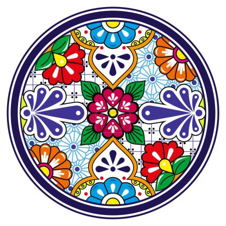 Illustration for Mexican Talavera plate style vector mandala design, decorative background inspired by traditional designs from Mexico in circle - Royalty Free Image