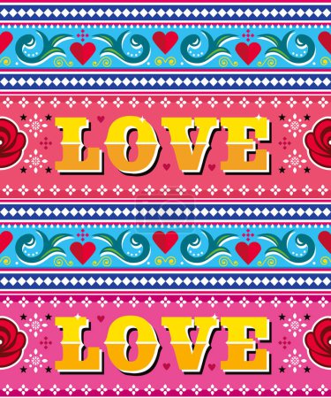 Illustration for Love Pakistani and Indian truck art style vector seamless pattern with text and flowers - Valentine's Day - Royalty Free Image