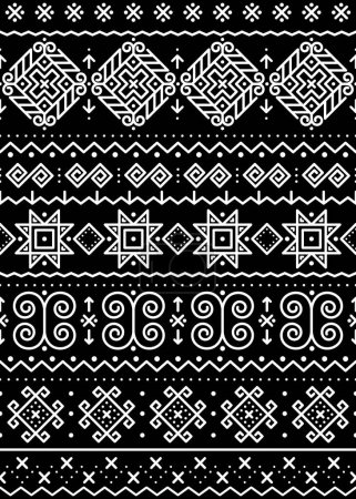 Illustration for Slovak tribal folk art vector seamless long horizontal geometric pattern in white on black background - Royalty Free Image