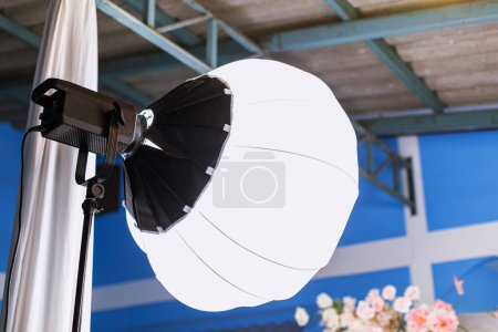 Photo for Lantern softbox light equipment. Studio lighting equipment. Professional Photography Lighting. LED Light with Softbox on a Stand. - Royalty Free Image