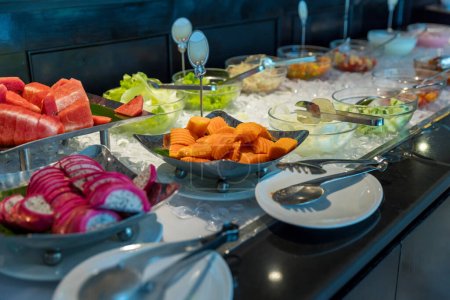 Salad bar with vegetables in the restaurant, healthy food. Fresh healthy concept and Healthy weight of diet, fresh vegetable, fruit, ready to eat salad bar selection of healthy food