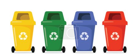 Ilustración de Papelera de reciclaje de color con símbolo de reciclaje. bin victor, papelera de reciclaje colorido aislado sobre fondo blanco. Basura diferentes tipos de iconos. Separación de residuos - Imagen libre de derechos