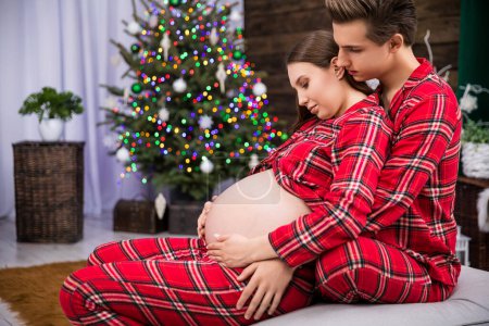 Foto de A pregnant woman leans with her back against a man sitting behind her. The man hugs the woman and holds his hand on her stomach. The hugging couple can be seen in profile against a smudged Christmas - Imagen libre de derechos