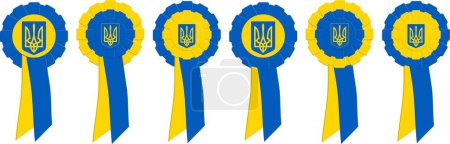 Foto de Símbolo gráfico en forma de kotylions hecho de cintas con el escudo de armas en los colores nacionales de Ucrania inscrito en el centro. - Imagen libre de derechos