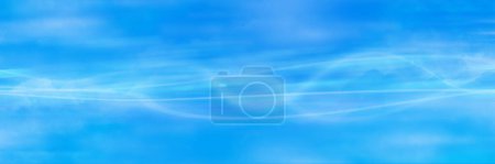 Photo for Panoramic shot of a blue background with glowing sinuous lines. Large blur causing photographic effect of fog and wind. - Royalty Free Image