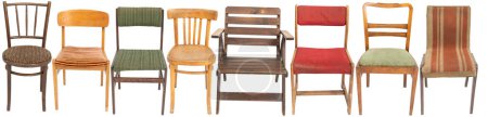 Foto de Colección de sillas polacas originales de madera de época comunista a la vista desde muchos lados. Diseñado y producido en los años 70 y 80. - Imagen libre de derechos
