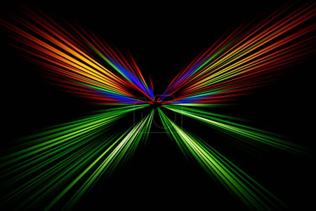 Abstract surface of a radial zoom blur in red, green, orange, blue tones on a black background. Glowing multicolored background with radial, diverging, converging lines.