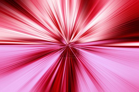 Abstract radial zoom blur surface in red and pink tones. Bright glowing two-color background with radial, divergent, convergent lines.  