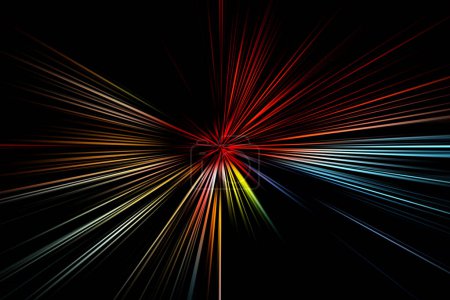 Superficie abstracta de desenfoque de zoom radial en colores rojo, azul, naranja sobre fondo negro. Espectacular fondo multicolor con líneas radiales, divergentes y convergentes