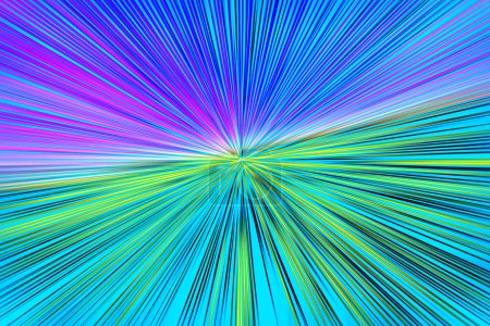 Photo for Abstract radial zoom blur surface of in yellows, blue and pinks on a light blue background. Bright neon background with radial, radiating, converging lines. The background is divided into two parts. - Royalty Free Image