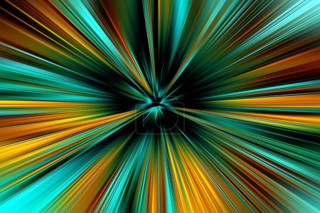 Abstrakte Oberfläche des radialen Zooms verschwimmt in türkisen, gelben, schwarzen Farbtönen. Heller, spektakulärer Hintergrund mit radialen, divergierenden, konvergierenden Linien.