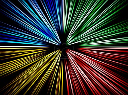 Téléchargez les photos : Surface abstraite de flou de zoom radial dans les tons bleu, rouge, vert et jaune sur fond noir. Spectaculaire fond coloré avec des lignes radiales, rayonnantes, divergentes et convergentes. - en image libre de droit