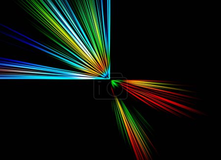 Abstrakte, radial unscharfe Zoomfläche in Blau-, Grün- und Orangetönen auf schwarzem Hintergrund. Spektakulärer Hintergrund mit radialen, strahlenden, konvergierenden Linien. Der Hintergrund gliedert sich in zwei Teile.